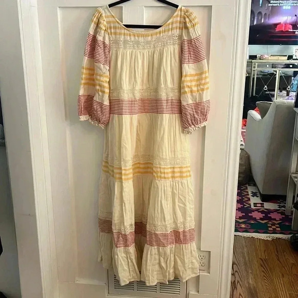 Sundance Cara Belle Tiered Midi Dress SZ Medium Gauzy Mixed Stripe - Picture 2 of 8